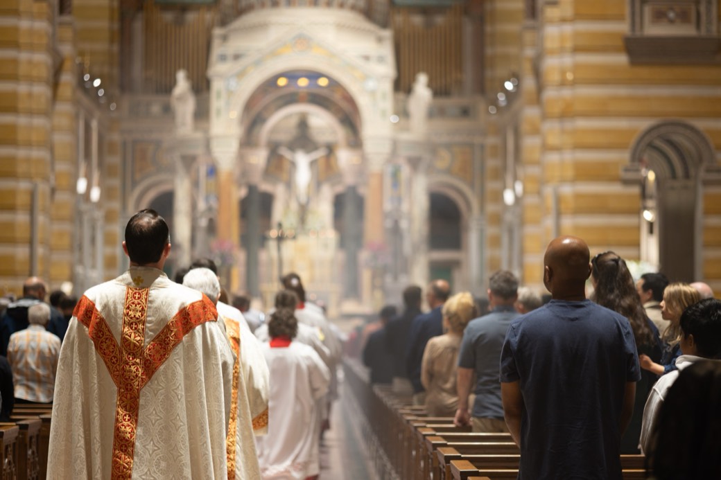 Clergy in procession during Mass at the Cathedral Basilica